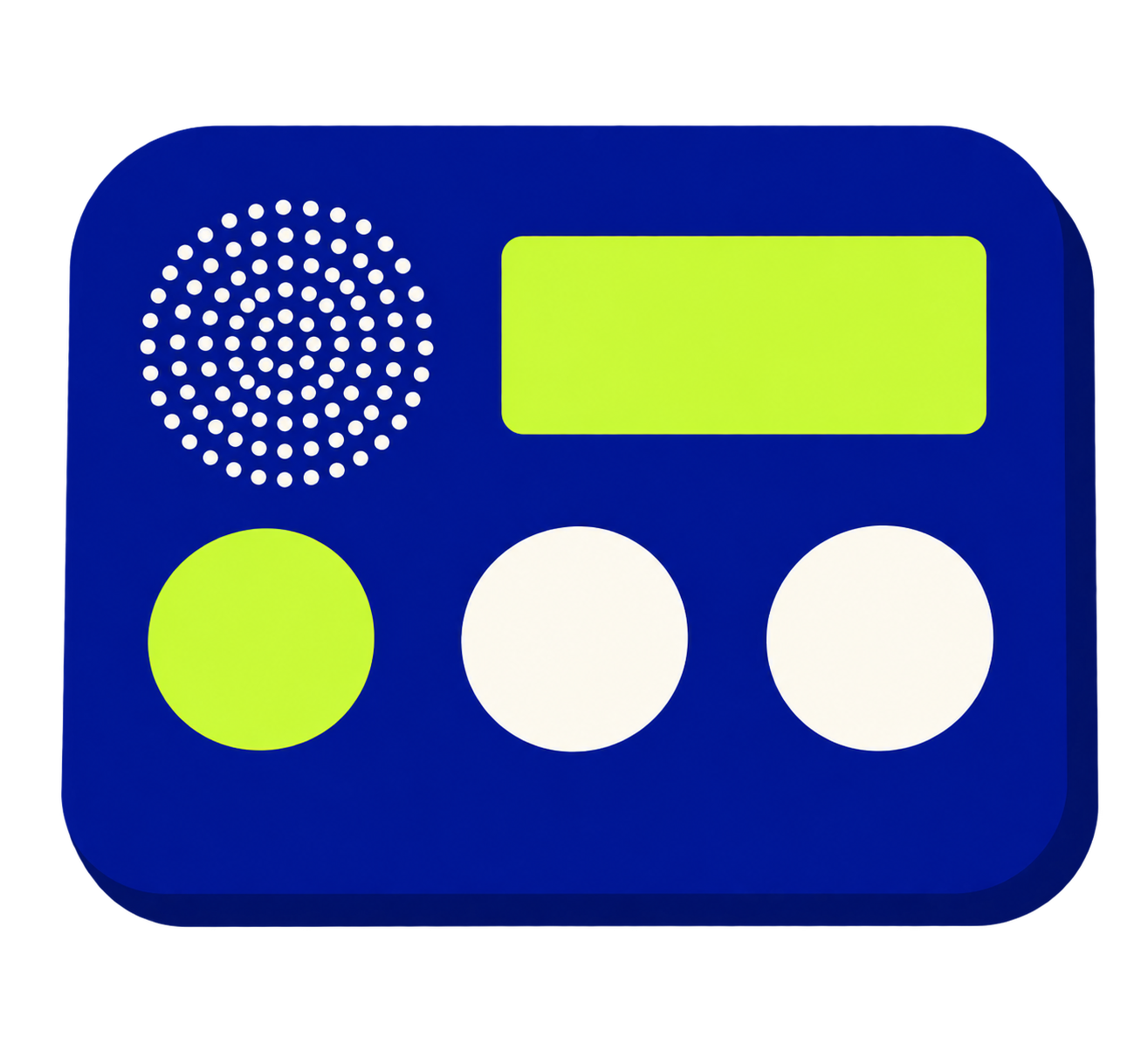 Rounded blue answering machine with a speaker grille, green display and circular controls